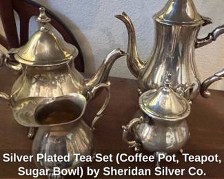 Silver Plated Tea Set Coffee Pot, Teapot, Sugar Bowl by Sheridan Silver Co.
