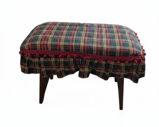 Plaid Upholstered Ottoman with Ruffle and PomPom Trim