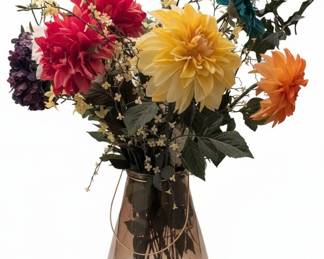 Artificial Floral Arrangement with Dahlias in Smoky Glass Vase