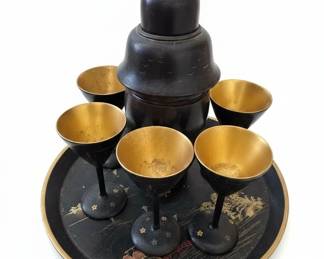 Japanese Lacquer Cocktail Set with Shaker and Tray