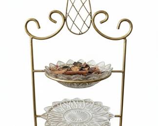 Vintage GoldToned Metal Pineapple Tiered Stand with Pressed Glass Dishes