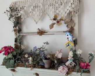Shabby Chic Faux Floral Arrangement with Birdhouses and Lace Valance