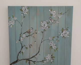 Birds and Blossoms on Distressed Wood Style Canvas Art
