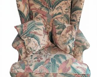 Vintage Wingback Armchair with Tropical Bird and Floral Upholstery  Possibly Henredon