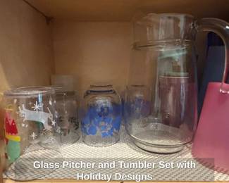 Glass Pitcher and Tumbler Set with Holiday Designs