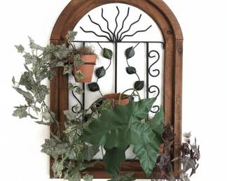 Faux Ivy and Fern Wall Decor with Wooden Arch and Wrought Iron Panel