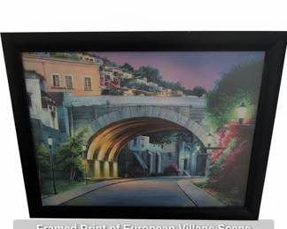 Framed Print of European Village Scene with Bridge