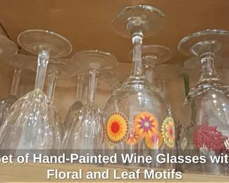 Set of HandPainted Wine Glasses with Floral and Leaf Motifs