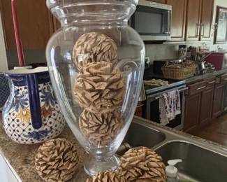 Large Glass Apothecary Jar with Decorative Pinecone Spheres