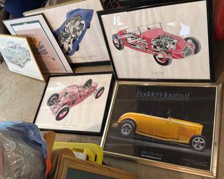 LOT OF FRAMED CAR PRINTS