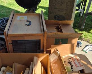 Skyway dog crate, bbq, mystery boxes