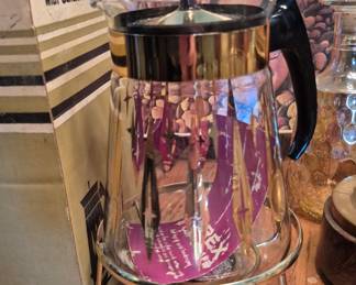 New in box never used 1960s MCM pyrex carafe and warmer with box