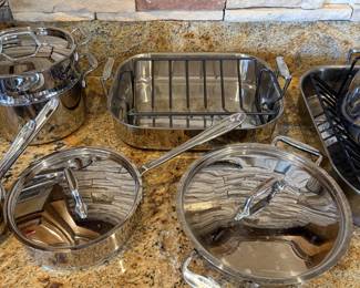 All-Clad cook top pots, including braiser, stock pot with strainer insert, roasting pans, skillets