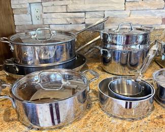 All-Clad cook top pots, including braiser, stock pot with strainer insert, roasting pans, skillets