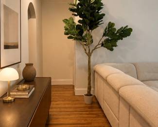 Oversized fiddle leaf fig tree approximately 9–10 feet tall with broad architectural leaves and substantial height. A striking statement plant that adds warmth, scale, and organic softness to modern, traditional, or editorial interiors. Beautiful for living rooms, entryways, offices, or spaces needing vertical balance and visual impact.