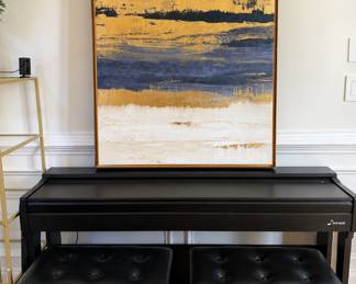 Donner 88-key digital piano starter set including matching storage benches/chairs and oversized contemporary framed artwork. Contemporary music, home decor, and family living furnishings throughout the sale. Gently Used.