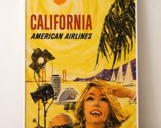 Framed vintage-style California American Airlines artwork, retro travel poster, aviation-inspired decor, contemporary framed art, statement wall decor, mid-century inspired styling. Additional aviation and travel-related collector items available throughout the sale.