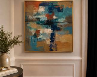 Large framed abstract artwork featuring layered teal, navy, rust, charcoal, cream, and metallic gold tones in a modern expressive composition. Gold frame adds warmth and structure while the textured brushwork creates depth and movement throughout. A striking statement piece that blends beautifully with both modern and traditional interiors.