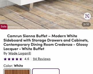 Like-new contemporary white sideboard/credenza, modern storage cabinet, designer-inspired furnishings, high-gloss finish, contemporary dining and living room furniture, upscale home decor