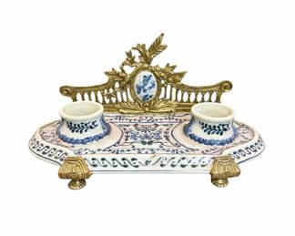 Rare Antique Wong Lee French Faience Double Inkwell with Gilt Bronze Mounts