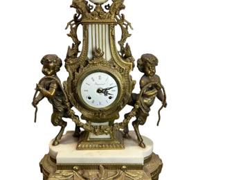 Antique Imperial Brevettato Franz Hermle Louis XV Rococo Revival Bronze & Marble Lyre Mantel Clock