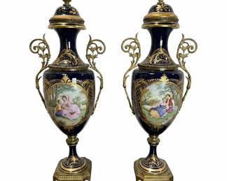 Pair of 19th Century Antique Chateau des Tulieres Louis Philippe Cobalt Blue Porcelain Urns with