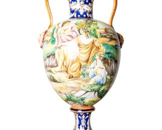 Antique Large Italian Large Handpainted Double Handled Ceramic Majolica Urn Vase - Signed F.