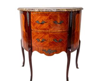 Antique Late 19th Century French Louis XVI Demi Lune Marquetry Walnut Inlaid Side Table Marble Top