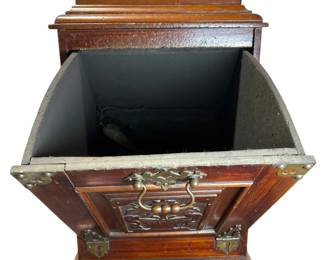 Antique Carved Mahogany Coal Box with Brass Ornate Decor, 1900