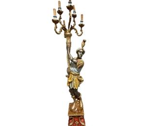 Late 19thC Italian Gilded Wood Venetian Blackamoor Figural Torch Candelabra 6-Arm Light Floor Lamp