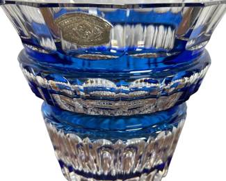 Antique Val St Lambert Art Glass Crystal Bolero Iconic Vase Etched Signed Cobalt Blue