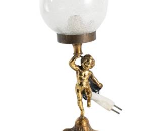 Antique Spelter Brass French Cherub Lamp with White Glass Globe