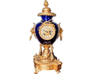 Late 19th Century French Louis XV Revival Porcelain Gilt Bronze Mantel Clock with Blue Porcelain 