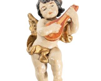 Antique 18th Century Hand-Carved Gold Leaf Wood Cherub Putti Playing Mandolin with Polychrome Gesso