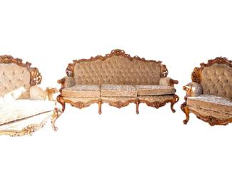 Early 20th Century Antique Handmade Carved Rosewood Italian Baroque Rococo Floral Upholstery 3-Piece