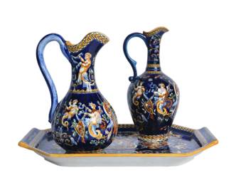 Antique Gien France Renaissance Hand Painted Faience Fond Blue CherubsTray with Two Pitchers