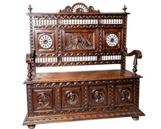 19th Century Antique French Brittany Breton Hand Carved Oak Banquette Bench Settee Seat Entry Hall