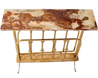 Early 20th C Century Antique Italian Art Deco Ornate Brass Onyx Marble Magazine Rack Side Table