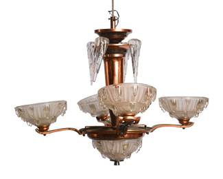 French Art Deco Copper and Frosted Glass 6-Arm Chandelier