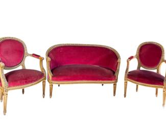 Late 19th Century French Louis XVI Gilded Walnut Living Room Petite Sofa 3-Piece Set