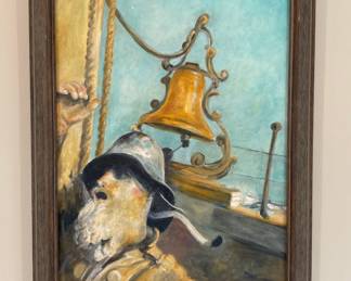 Vintage Old Salt Raising the Alarm oil painting