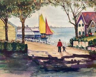Folk Art watercolor with sailboats