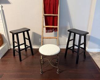 Wood bar stools, metal bathroom stool, ornamental ladder/throw blanket
