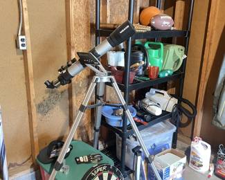 Telescope, vintage dartboard, shelving, tarps.....