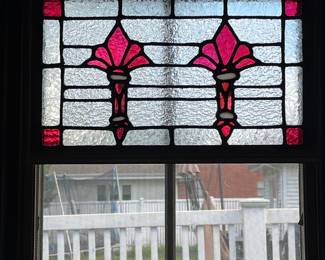 pair framed leaded glass window panels