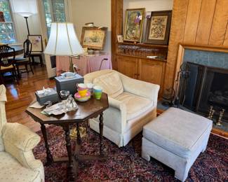 Vintage W&J Sloane down-filled matching chair. Collection of vintage Steuben crystal figurines, most with boxes and original receipts