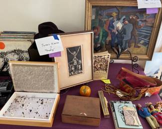 Original oil by Jacob Daugherty 1949. On left is a signed James Kearns etching/engraving "Hooday". Very cool vintage leather and hand-painted corset belts in picture too. Small stamp collection