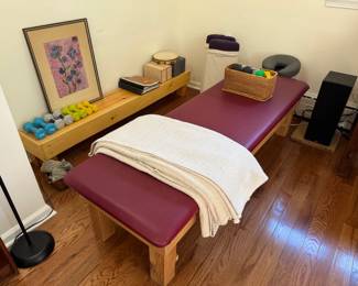 Unique, custom-made low-profile "stretching" or wellness/massage table, has FaceSpace contoured face cradle pillow and rig built in too, without face cradle table is 6'4 long x 24.5" wide x 19" tall. Unique matching low-profile bench aside stretching table is 71" long x 10.75" deep x 11" tall