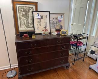 There are three matching pieces total of this dresser set, this dresser, a tall dresser, and a desk/vanity with bench. They are antique and well loved, but structurally are great and very well built. ARTWORK from left Moses Soyer "Two Women" signed lithograph 1899-1974, Matt Phillips limited edition signed lithograph "Interior with Nudes and Doves" with bio on back and Associated American Artists tag on back, Fifth Avenue NYC and lastly on the right is signed lithograph by Chaim Gross