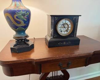 Beautiful antique cloisonne lamp and antique black marble French clock